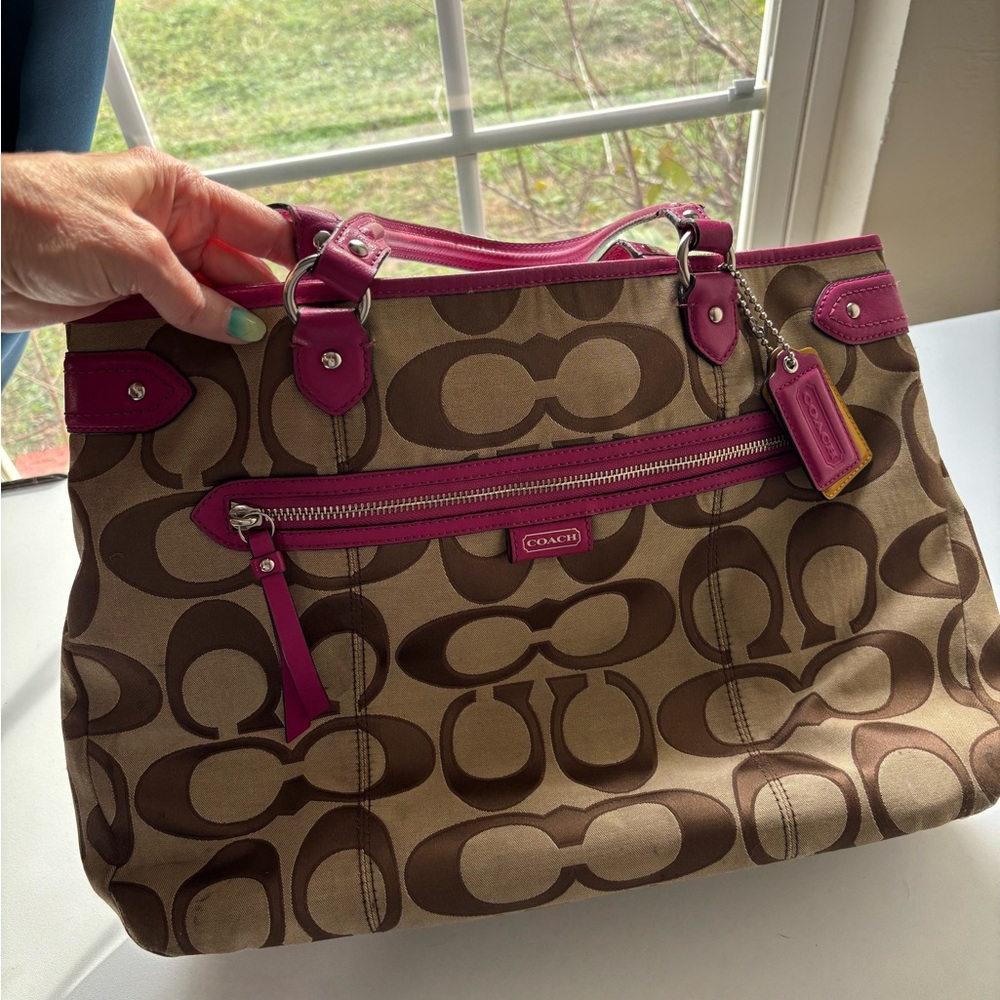 Coach Brown and Pink Signature Shoulder Bag